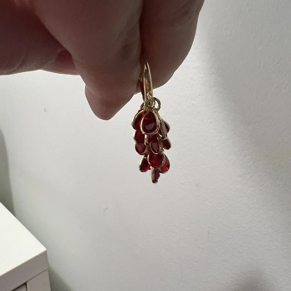 NWT‎ Gold Toned Dangle Earrings Multifaceted Hook Hoop Red Glass